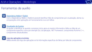 ALM e Operações -Workshops 
Dependency Walkere Tasklist 
Com o Dependency Walter e Tasklist é possível identificar falta de componentes por visualização, alertas ou comparações entre aplicações em funcionamento e as com falhas. 
Visualizador de Eventos 
Irá ajudar a identificar se quando o processo inicia, gera um evento informando a falha ou falta de um componente específico como por exemplo DLL da aplicação, .NET Framework, componentes Runtime C++, componentes desatualizados. 
Logs das aplicações envolvidas 
Valide através dos logs das aplicações se há informações específicas de falhas por falta de componentes. 
Ferramentas de auxílio  