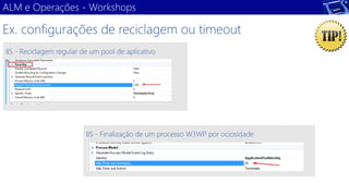 ALM e Operações -Workshops 
Ex. configurações de reciclagem ou timeout 
IIS -Reciclagem regular de um pool de aplicativo 
IIS -Finalização de um processo W3WP por ociosidade  
