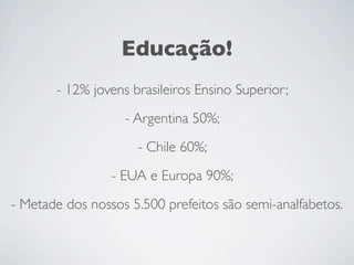Educação!
- 12% jovens brasileiros Ensino Superior;
- Argentina 50%;
- Chile 60%;
- EUA e Europa 90%;
- Metade dos nossos 5.500 prefeitos são semi-analfabetos.
 