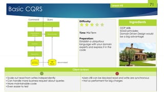 71
Basic CQRS
Ingredients
OOP skills
SOLID principles
Domain Driven Design would
be a big advantage
Difficulty:
Time: Mid Term
Preparation:
Establish a ubiquitous
language with your domain
experts and express it in the
code
Client reviews
• Scale out read from writes independently
• Can handle more business request about queries
• More maintainable code
• Even easier to test
•Users still can be blocked read and write are synchronous
• Not so performent for big charges
Lesson #3
 