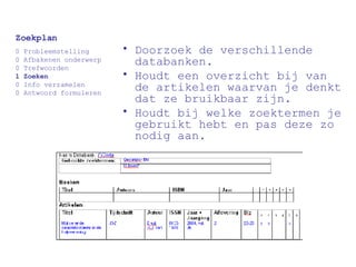 Doorzoek de verschillende databanken. Houdt een overzicht bij van de artikelen waarvan je denkt dat ze bruikbaar zijn. Houdt bij welke zoektermen je gebruikt hebt en pas deze zo nodig aan. Zoekplan 0 Probleemstelling 0 Afbakenen onderwerp 0 Trefwoorden 1 Zoeken 0 Info verzamelen 0 Antwoord formuleren 