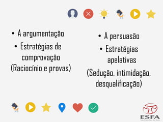 • A argumentação
• Estratégias de
comprovação
(Raciocínio e provas)
• A persuasão
• Estratégias
apelativas
(Sedução, intimidação,
desqualificação)
 