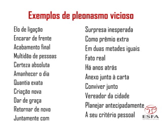 Exemplos de pleonasmo vicioso
Elo de ligação
Encarar de frente
Acabamento final
Multidão de pessoas
Certeza absoluta
Amanhecer o dia
Quantia exata
Criação nova
Dar de graça
Retornar de novo
Juntamente com
Surpresa inesperada
Como prêmio extra
Em duas metades iguais
Fato real
Há anos atrás
Anexo junto à carta
Conviver junto
Vereador da cidade
Planejar antecipadamente
A seu critério pessoal
 