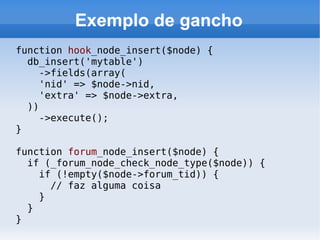Exemplo de gancho
function hook_node_insert($node) {
  db_insert('mytable')
    ->fields(array(
    'nid' => $node->nid,
    'extra' => $node->extra,
  ))
    ->execute();
}

function forum_node_insert($node) {
  if (_forum_node_check_node_type($node)) {
    if (!empty($node->forum_tid)) {
      // faz alguma coisa
    }
  }
}
 