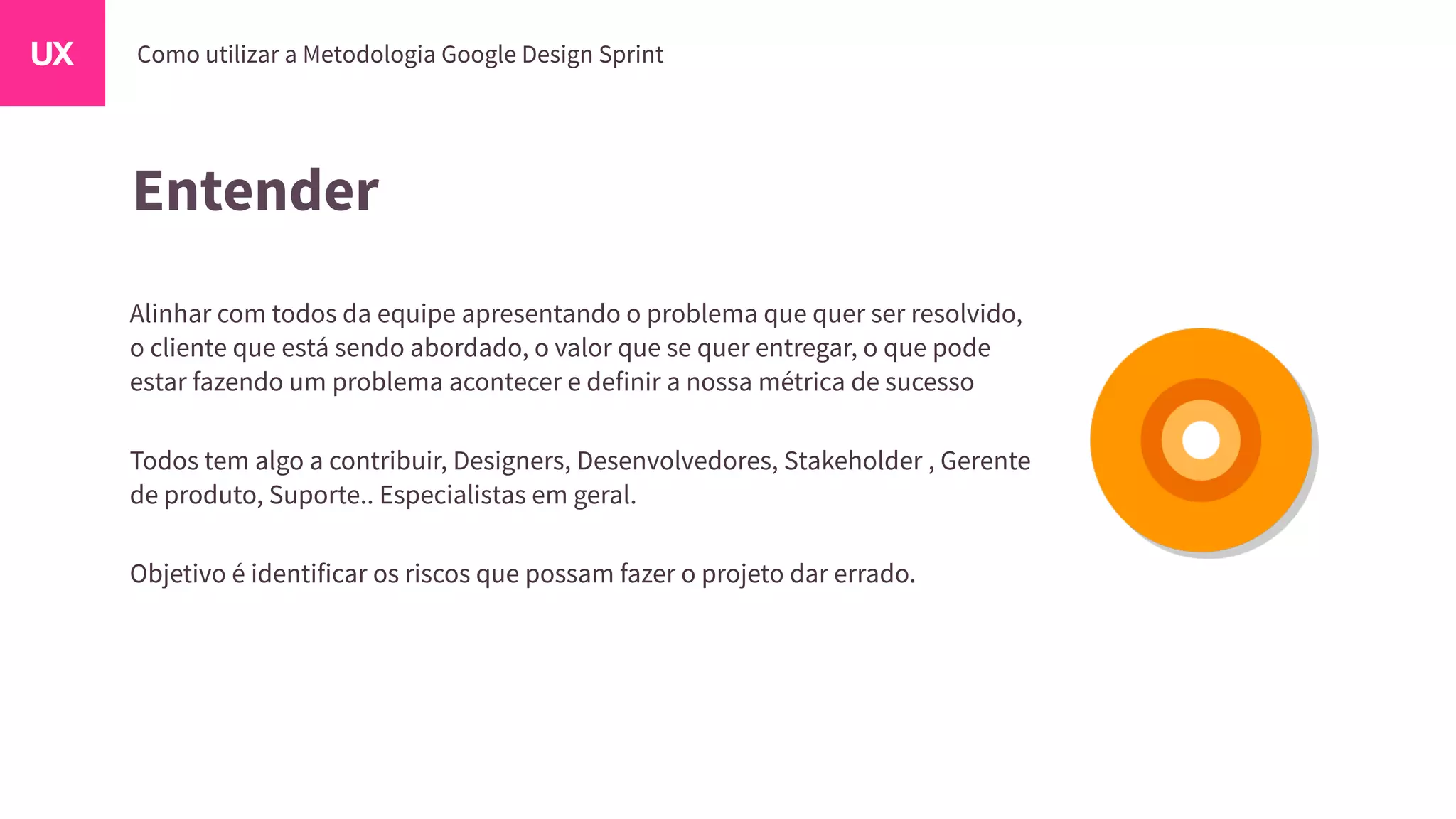 Entender
Alinhar com todos da equipe apresentando o problema que quer ser resolvido,
o cliente que está sendo abordado, o valor que se quer entregar, o que pode
estar fazendo um problema acontecer e definir a nossa métrica de sucesso
Todos tem algo a contribuir, Designers, Desenvolvedores, Stakeholder , Gerente
de produto, Suporte.. Especialistas em geral.
Objetivo é identificar os riscos que possam fazer o projeto dar errado.
 