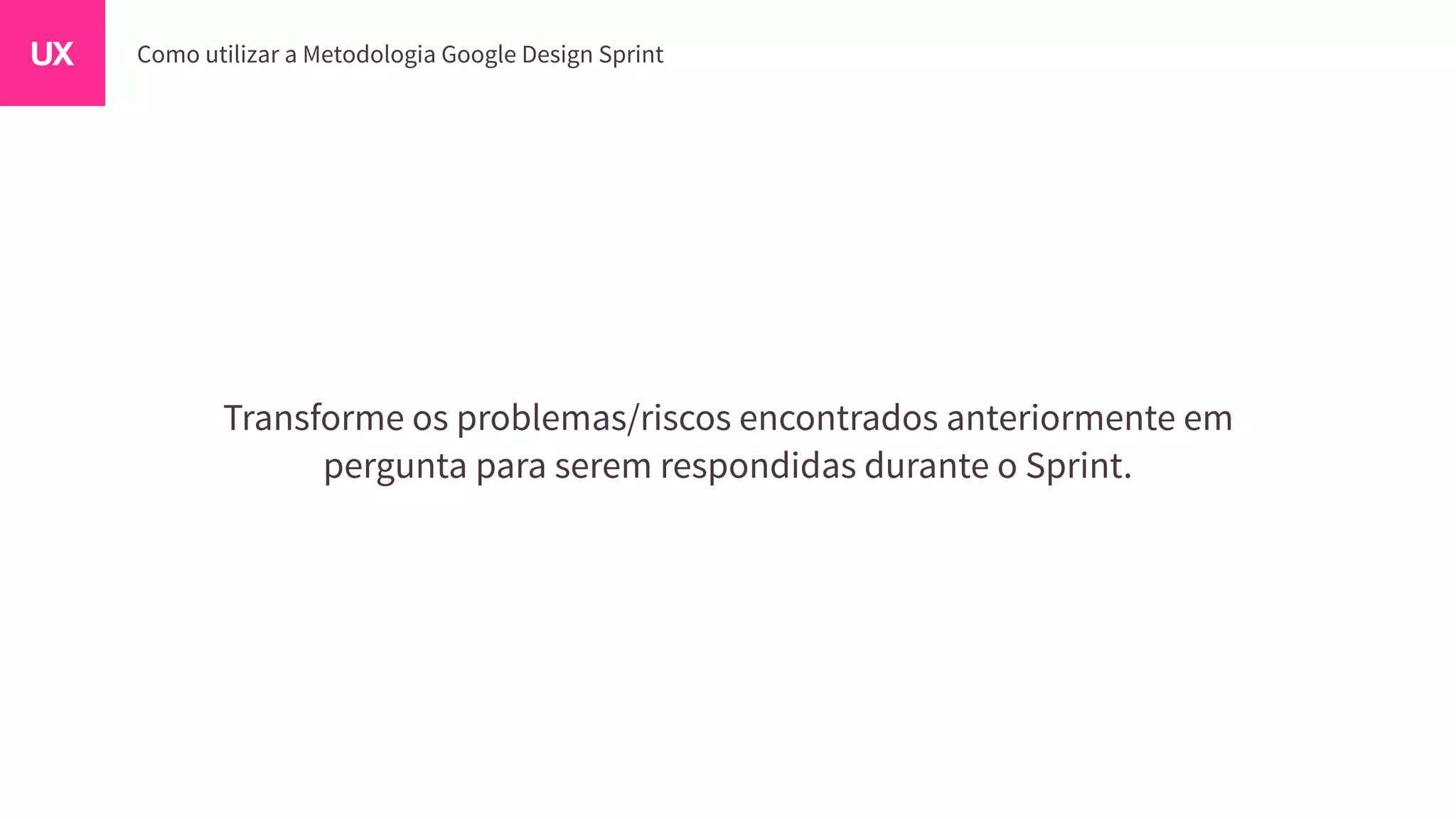 Transforme os problemas/riscos encontrados anteriormente em
pergunta para serem respondidas durante o Sprint.
 