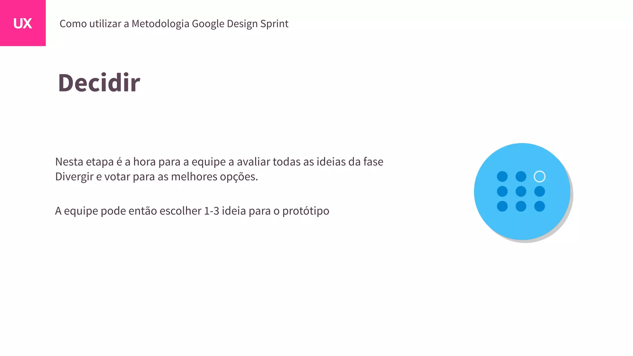 Decidir
Nesta etapa é a hora para a equipe a avaliar todas as ideias da fase
Divergir e votar para as melhores opções.
A equipe pode então escolher 1-3 ideia para o protótipo
 