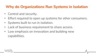 Why do Organizations Run Systems in Isolation
• Control and security.
• Effort required to open up systems for other consumers.
• Systems built to run in isolation.
• Lack of business requirement to share access.
• Low emphasis on innovation and building new
capabilities.
 