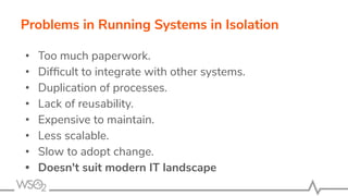 Problems in Running Systems in Isolation
• Too much paperwork.
• Difﬁcult to integrate with other systems.
• Duplication of processes.
• Lack of reusability.
• Expensive to maintain.
• Less scalable.
• Slow to adopt change.
• Doesn't suit modern IT landscape
 