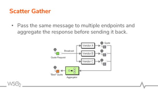 Scatter Gather
• Pass the same message to multiple endpoints and
aggregate the response before sending it back.
 