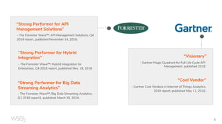“Strong Performer for Hybrid
Integration”
- The Forrester Wave™: Hybrid Integration for
Enterprises, Q4 2016 report, published Nov. 18, 2016
“Strong Performer for API
Management Solutions”
- The Forrester Wave™: API Management Solutions, Q4
2016 report, published November 14, 2016.
“Strong Performer for Big Data
Streaming Analytics”
- The Forrester Wave™: Big Data Streaming Analytics,
Q1 2016 report1, published March 30, 2016.
“Visionary”
- Gartner Cool Vendors in Internet of Things Analytics,
2016 report, published May 11, 2016.
- Gartner Magic Quadrant for Full Life Cycle API
Management, published 2018
“Cool Vendor”
4
 
