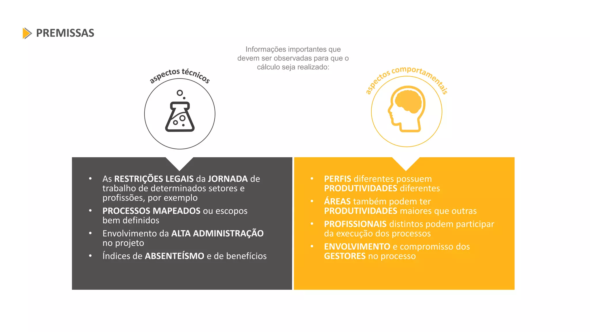 • As RESTRIÇÕES LEGAIS da JORNADA de
trabalho de determinados setores e
profissões, por exemplo
• PROCESSOS MAPEADOS ou escopos
bem definidos
• Envolvimento da ALTA ADMINISTRAÇÃO
no projeto
• Índices de ABSENTEÍSMO e de benefícios
• PERFIS diferentes possuem
PRODUTIVIDADES diferentes
• ÁREAS também podem ter
PRODUTIVIDADES maiores que outras
• PROFISSIONAIS distintos podem participar
da execução dos processos
• ENVOLVIMENTO e compromisso dos
GESTORES no processo
Informações importantes que
devem ser observadas para que o
cálculo seja realizado:
PREMISSAS
 