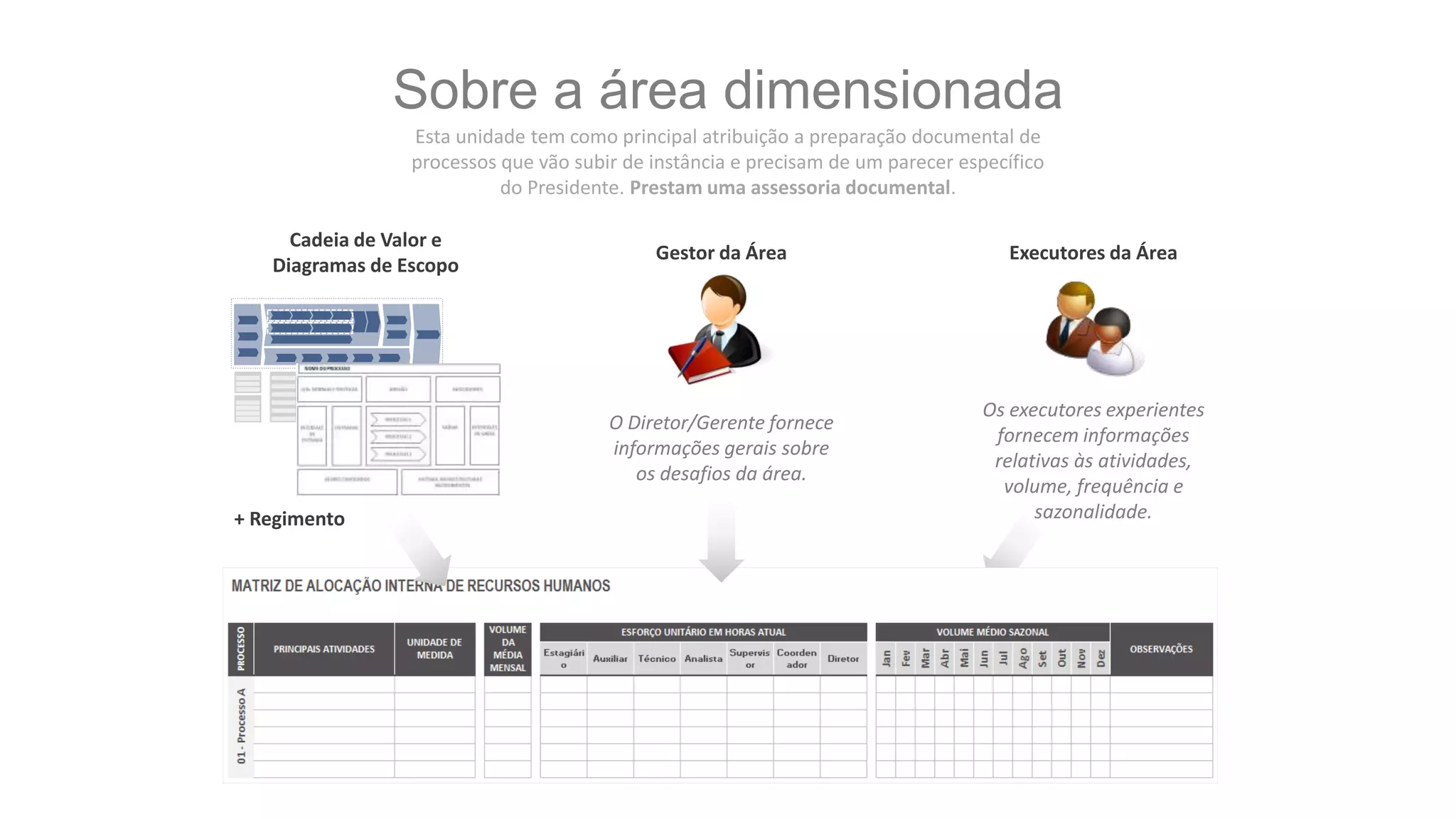 Sobre a área dimensionada
Esta unidade tem como principal atribuição a preparação documental de
processos que vão subir de instância e precisam de um parecer específico
do Presidente. Prestam uma assessoria documental.
Executores da Área
Os executores experientes
fornecem informações
relativas às atividades,
volume, frequência e
sazonalidade.
Cadeia de Valor e
Diagramas de Escopo
Gestor da Área
O Diretor/Gerente fornece
informações gerais sobre
os desafios da área.
+ Regimento
 