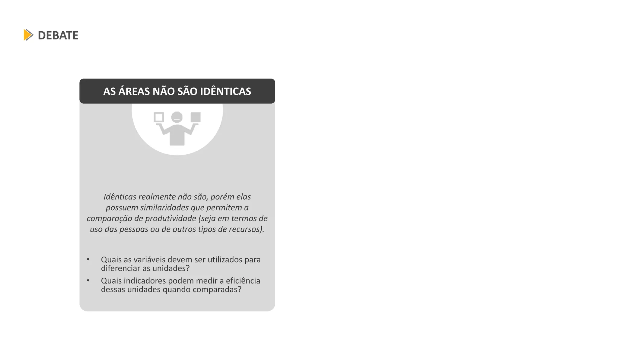 Idênticas realmente não são, porém elas
possuem similaridades que permitem a
comparação de produtividade (seja em termos de
uso das pessoas ou de outros tipos de recursos).
• Quais as variáveis devem ser utilizados para
diferenciar as unidades?
• Quais indicadores podem medir a eficiência
dessas unidades quando comparadas?
DEBATE
AS ÁREAS NÃO SÃO IDÊNTICAS
 