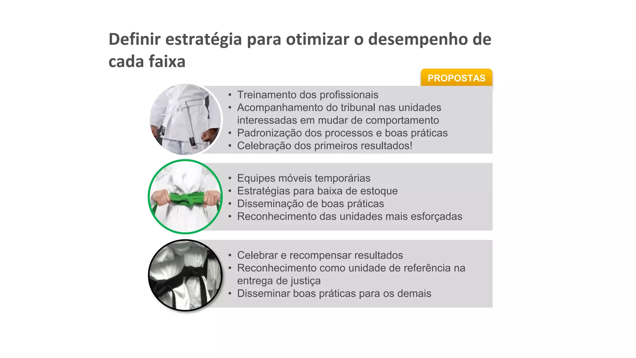 PROPOSTAS
• Treinamento dos profissionais
• Acompanhamento do tribunal nas unidades
interessadas em mudar de comportamento
• Padronização dos processos e boas práticas
• Celebração dos primeiros resultados!
• Equipes móveis temporárias
• Estratégias para baixa de estoque
• Disseminação de boas práticas
• Reconhecimento das unidades mais esforçadas
• Celebrar e recompensar resultados
• Reconhecimento como unidade de referência na
entrega de justiça
• Disseminar boas práticas para os demais
Definir estratégia para otimizar o desempenho de
cada faixa
 