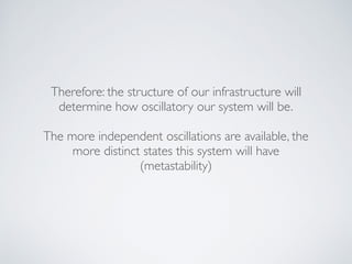 Therefore: the structure of our infrastructure will
determine how oscillatory our system will be.
The more independent oscillations are available, the
more distinct states this system will have
(metastability)
 