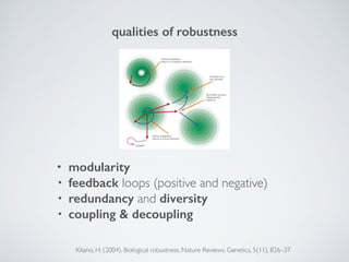 qualities of robustness
• modularity
• feedback loops (positive and negative)
• redundancy and diversity
• coupling & decoupling
Kitano, H. (2004). Biological robustness. Nature Reviews. Genetics, 5(11), 826–37
 