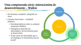 Uma compreensão sócio-interacionista do
desenvolvimento - Wallon
• Ser humano completo, integrado ao
meio
• Campos funcionais – realidade
psíquica
• Interdependência entre os campos/
separação didática
• Inteligência depende da
afetividade e do movimento para
se desenvolver
• “É por meio da afetividade que o
ser biológico se transforma em ser
social”
 