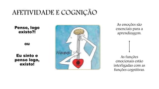 AFETIVIDADE E COGNIÇÃO
Penso, logo
existo?!
ou
Eu sinto e
penso logo,
existo!
As emoções são
essenciais para a
aprendizagem.
As funções
emocionais estão
interligadas com as
funções cognitivas.
 