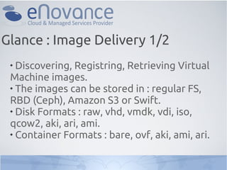 Glance : Image Delivery 1/2
 
   Discovering, Registring, Retrieving Virtual
 Machine images.
 
   The images can be stored in : regular FS,
 RBD (Ceph), Amazon S3 or Swift.
 
   Disk Formats : raw, vhd, vmdk, vdi, iso,
 qcow2, aki, ari, ami.
 
   Container Formats : bare, ovf, aki, ami, ari.
 