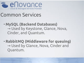 Common Services
 
     MySQL (Backend Databases)
      → Used by Keystone, Glance, Nova,
      Cinder, and Quantum.

 
     RabbitMQ (Middleware for queuing)
      → Used by Glance, Nova, Cinder and
      Quantum.
 
