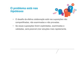 O problema está nas 
hipóteses 
• O desafio da efetiva colaboração está nas suposições não 
compartilhadas, não examinadas e não provadas. 
• Se essas suposições forem explicitadas, examinadas e 
validadas, será possível criar soluções mais rapidamente. 
 