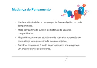 Mudança de Pensamento 
• Um time não é efetivo a menos que tenha um objetivo ou meta 
compartilhada. 
• Meta compartilhada surgem de histórias de usuários 
compartilhadas. 
• Mapa de impacto é um storyboard de nossa compreensão de 
como atingir uma determinada meta ou objetivo. 
• Construir esse mapa é muito importante para ser relegado a 
um product owner ou ao cliente. 
 