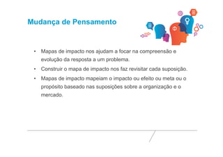 Mudança de Pensamento 
• Mapas de impacto nos ajudam a focar na compreensão e 
evolução da resposta a um problema. 
• Construir o mapa de impacto nos faz revisitar cada suposição. 
• Mapas de impacto mapeiam o impacto ou efeito ou meta ou o 
propósito baseado nas suposições sobre a organização e o 
mercado. 
 
