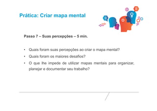 Prática: Criar mapa mental 
Passo 7 – Suas percepções – 5 min. 
• Quais foram suas percepções ao criar o mapa mental? 
• Quais foram os maiores desafios? 
• O que lhe impede de utilizar mapas mentais para organizar, 
planejar e documentar seu trabalho? 
 