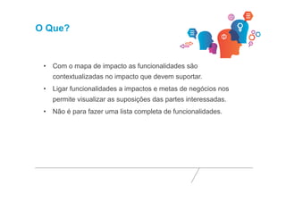 O Que? 
• Com o mapa de impacto as funcionalidades são 
contextualizadas no impacto que devem suportar. 
• Ligar funcionalidades a impactos e metas de negócios nos 
permite visualizar as suposições das partes interessadas. 
• Não é para fazer uma lista completa de funcionalidades. 
 