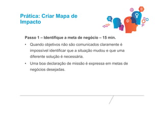 Prática: Criar Mapa de 
Impacto 
Passo 1 – Identifique a meta de negócio – 15 min. 
• Quando objetivos não são comunicados claramente é 
impossível identificar que a situação mudou e que uma 
diferente solução é necessária. 
• Uma boa declaração de missão é expressa em metas de 
negócios desejadas. 
 