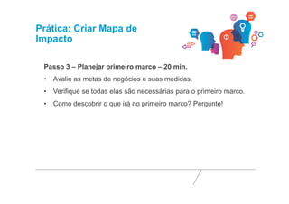Prática: Criar Mapa de 
Impacto 
Passo 3 – Planejar primeiro marco – 20 min. 
• Avalie as metas de negócios e suas medidas. 
• Verifique se todas elas são necessárias para o primeiro marco. 
• Como descobrir o que irá no primeiro marco? Pergunte! 
 