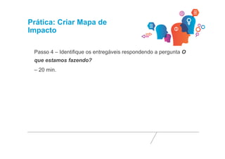 Prática: Criar Mapa de 
Impacto 
Passo 4 – Identifique os entregáveis respondendo a pergunta O 
que estamos fazendo? 
– 20 min. 
 