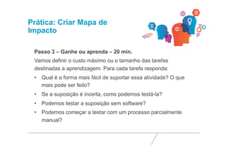 Prática: Criar Mapa de 
Impacto 
Passo 3 – Ganhe ou aprenda – 20 min. 
Vamos definir o custo máximo ou o tamanho das tarefas 
destinadas a aprendizagem. Para cada tarefa responda: 
• Qual é a forma mais fácil de suportar essa atividade? O que 
mais pode ser feito? 
• Se a suposição é incerta, como podemos testá-la? 
• Podemos testar a suposição sem software? 
• Podemos começar a testar com um processo parcialmente 
manual? 
 