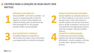CRITÉRIO PARA A CRIAÇÃO DE BOAS MUST-WIN
BATTLES
PROCURE POR IMPACTO
Uma boa MWB – se for bem sucedida – irá
causar um impacto grande na rede de
negócios. A chave é evitar batalhas de
impacto limitado, pois normalmente são
fruto da paixão de um único gestor
visando ampliar sua participação.
FOQUE EM BATALHAS EXTERNAS
Ganhar batalhas no ambiente externo é,
em última instância, o que conta. Isso é o
que gera valor. É claro que esforços e
transformações internas são necessárias
para se atingir as batalhas, mas focar em
um desafio fora da organização realiza o
valor das entregas e não dos conflitos
internos.
SEJA ESPECÍFICO E TANGÍVEL
As batalhas devem ser específicas e
mensuráveis, de modo a situar claramente
a sua organização no contexto de atuação.
1 2
3 4
DESPERTE A EMPOLGAÇÃO
A razão para isso é muito simples:
batalhas que não são empolgantes
dificilmente reúnem energias e esforços
ao redor delas. Desafios movem as
pessoas.
 