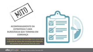 ©EloGroup| Todos os direitos reservados 2015
O acompanhamento da estratégia tem como foco
a aferição do status das iniciativas para detecção
dos pontos (e das pessoas) fora da curva
ACOMPANHAMENTO DA
ESTRATÉGIA É UMA
BUROCRACIA QUE TERMINA EM
COBRANÇA
 