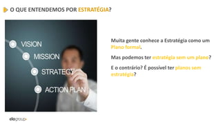 O QUE ENTENDEMOS POR ESTRATÉGIA?
Muita gente conhece a Estratégia como um
Plano formal.
Mas podemos ter estratégia sem um plano?
E o contrário? É possível ter planos sem
estratégia?
 