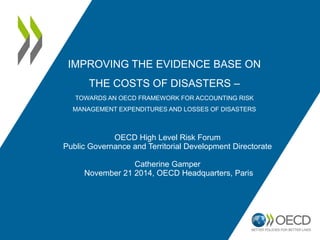 IMPROVING THE EVIDENCE BASE ON
THE COSTS OF DISASTERS –
TOWARDS AN OECD FRAMEWORK FOR ACCOUNTING RISK
MANAGEMENT EXPENDITURES AND LOSSES OF DISASTERS
OECD High Level Risk Forum
Public Governance and Territorial Development Directorate
Catherine Gamper
November 21 2014, OECD Headquarters, Paris
 