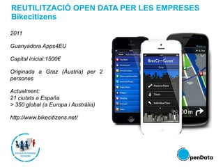 REUTILITZACIÓ OPEN DATA PER LES EMPRESES
Bikecitizens
2011
Guanyadora Apps4EU
Capital inicial:1500€
Originada a Graz (Àustria) per 2
persones
Actualment:
21 ciutats a España
> 350 global (a Europa i Austràlia)
http://www.bikecitizens.net/
 
