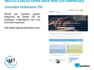REUTILITZACIÓ OPEN DATA PER LES EMPRESES
Cercador licitacions TIC
Servei per coneixer quines
licitacions de l’àmbit TIC es
publiquen, s’adjudiquen, etc a tot
el territori espanyol.
http://www.adjudicacionestic.com/
 
