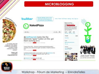 MÍDIAS SOCIAIS > CONTEÚDO RELEVANTE + RELACIONAMENTO
=
CONSUMIDORES INDICADORES > conectores, vendedores ou especialistas.
MICROBLOGGING
Workshop - Fórum de Marketing – @AndreTelles
 