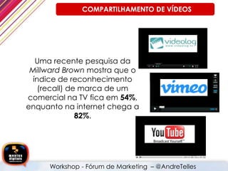 Uma recente pesquisa da
Millward Brown mostra que o
índice de reconhecimento
(recall) de marca de um
comercial na TV fica em 54%,
enquanto na internet chega a
82%.
Workshop - Fórum de Marketing – @AndreTelles
COMPARTILHAMENTO DE VÍDEOS
 