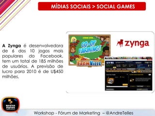 A Zynga é desenvolvedora
de 6 dos 10 jogos mais
populares do Facebook,
tem um total de 185 milhões
de usuários. A previsão de
lucro para 2010 é de U$450
milhões.
Workshop - Fórum de Marketing – @AndreTelles
MÍDIAS SOCIAIS > SOCIAL GAMES
 