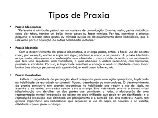 Tipos de Praxia
• Praxia Ideomotora
“Refere-se à atividade gestual em um contexto de comunicação. Envolve, assim, gestos simbólicos
como dar tchau, mandar um beijo, imitar gestos ou fazer mímicas. Por isso, incentivar a criança
pequena a realizar estes gestos ou mímicas auxilia no desenvolvimento desta habilidade, que é
relevante para a aquisição de outras habilidades motoras.”
• Praxia Ideatória
Com o desenvolvimento da praxia ideomotora, a criança passa, então, a fazer uso de objetos
como, por exemplo, encher o copo com água, abotoar a roupa e se pentear. A praxia ideatória
exige, assim, não apenas a coordenação, mas sobretudo, a capacidade de realizar um movimento
que tem uma sequência, uma finalidade, o qual obedece a ordem necessária, com harmonia,
precisão e eficiência. Por isso, é importante incentivar a criança a realizar atividades como tomar
banho (nas crianças pequenas sob supervisão), se vestir, usar talheres, etc.
• Praxia Construtiva
Reflete a capacidade de percepção visual adequada para uma ação apropriada, implicando
na habilidade de reproduzir ou construir figuras, desenhando ou montando-as. O desenvolvimento
da praxia construtiva tem grande importância na habilidade que requer o uso do lápis, no
desenho e na escrita, atividades comum para a criança. Esta habilidade envolve a síntese visual
(discriminação dos detalhes ou das partes que constituem o todo, a elaboração de uma
representação mental (integração do objeto em algo unificado que pode ter um significado) e a
reprodução (execução que demanda um planejamento e o controle dos atos motores). Assim, tem
grande importância nas habilidades que requerem o uso do lápis, no desenho e na escrita,
atividades comuns para a criança.
 