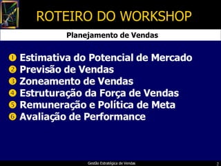 ROTEIRO DO WORKSHOP    Estimativa do Potencial de Mercado    Previsão de Vendas    Zoneamento  de  Vendas    Estrutura...
