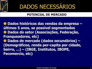 DADOS NECESSÁRIOS    Dados históricos das vendas da empresa – últimos 5 anos, se possível segmentados    Dados do setor ...