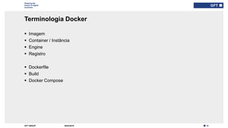 12GFT GROUP
Shaping the
future of digital
business
Terminologia Docker
30/03/2019
 Imagem
 Container / Instância
 Engine
 Registro
 Dockerfile
 Build
 Docker Compose
Type here if add
info needed for
every slide
 