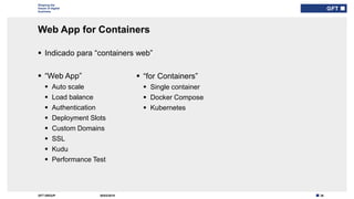 26GFT GROUP
Shaping the
future of digital
business
Web App for Containers
30/03/2019
 Indicado para “containers web”
 “Web App”
 Auto scale
 Load balance
 Authentication
 Deployment Slots
 Custom Domains
 SSL
 Kudu
 Performance Test
Type here if add
info needed for
every slide
 “for Containers”
 Single container
 Docker Compose
 Kubernetes
 