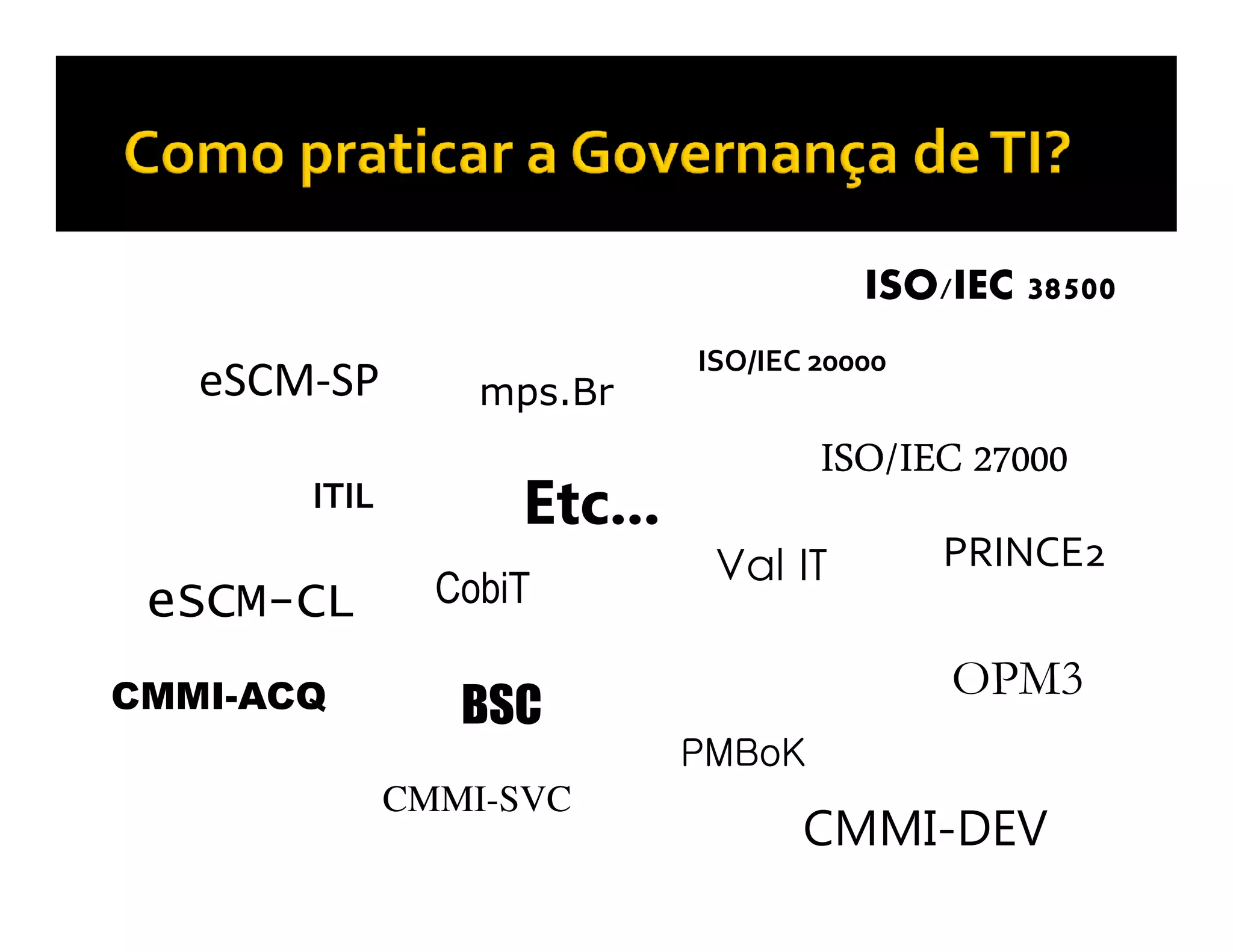 ISO/IEC 38500
                             ISO/IEC 20000
   eSCM-SP        mps.Br
                                     ISO/IEC 27000
       ITIL         Etc...
                              Val IT         PRINCE2
 eSCM-CL        CobiT

CMMI-ACQ                                     OPM3
                 BSC
                             PMBoK
              CMMI-SVC
                                    CMMI-DEV
 