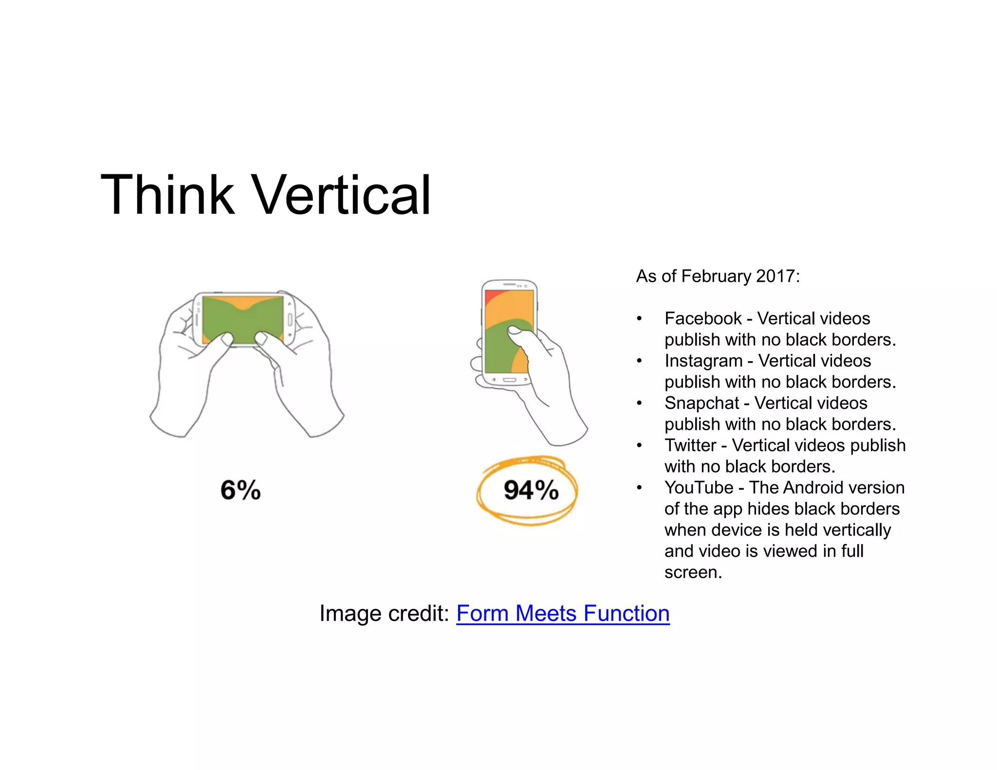 Think Vertical
Image credit: Form Meets Function
As of February 2017:
• Facebook - Vertical videos
publish with no black borders.
• Instagram - Vertical videos
publish with no black borders.
• Snapchat - Vertical videos
publish with no black borders.
• Twitter - Vertical videos publish
with no black borders.
• YouTube - The Android version
of the app hides black borders
when device is held vertically
and video is viewed in full
screen.
 
